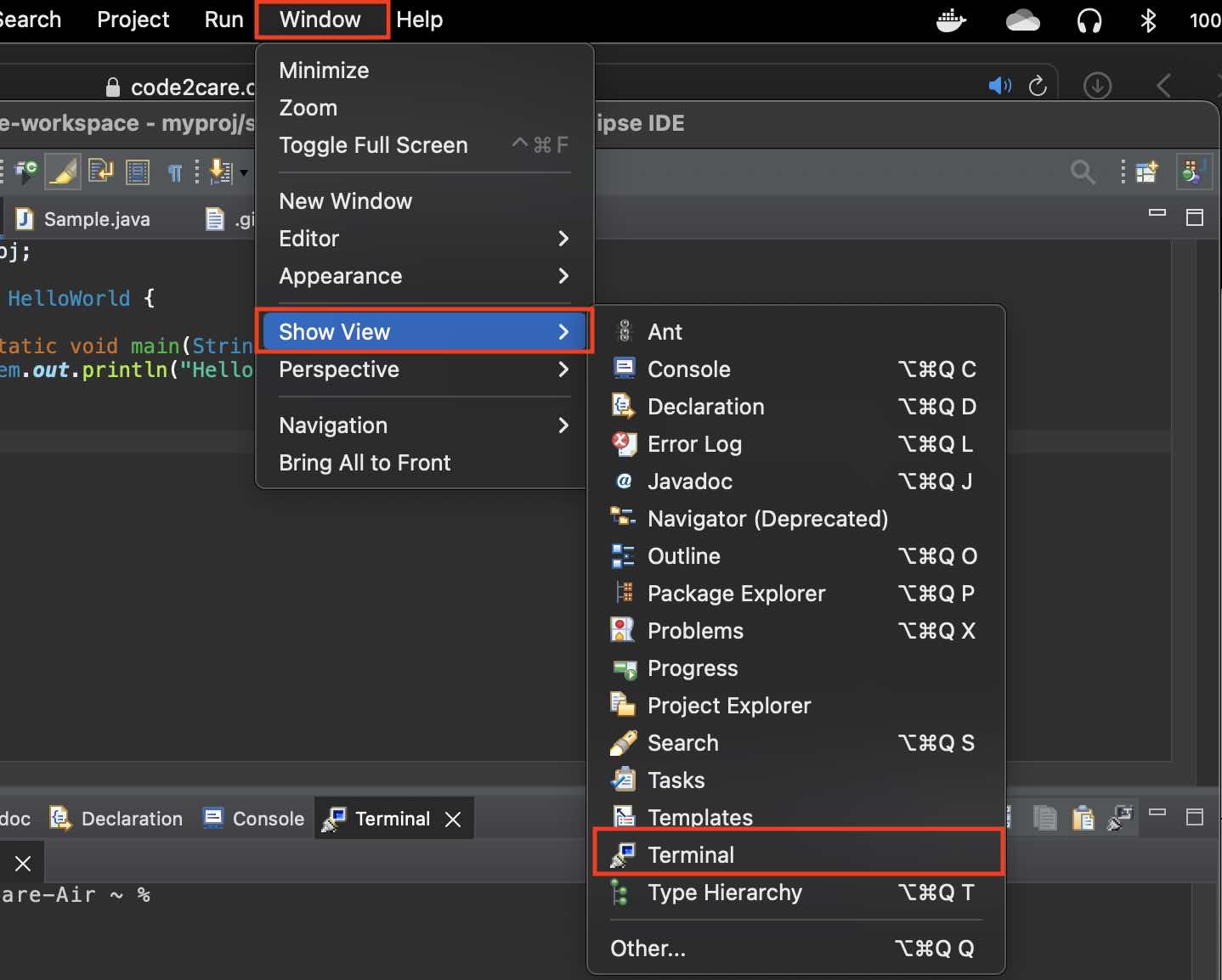 Show Terminal in Eclipse IDE